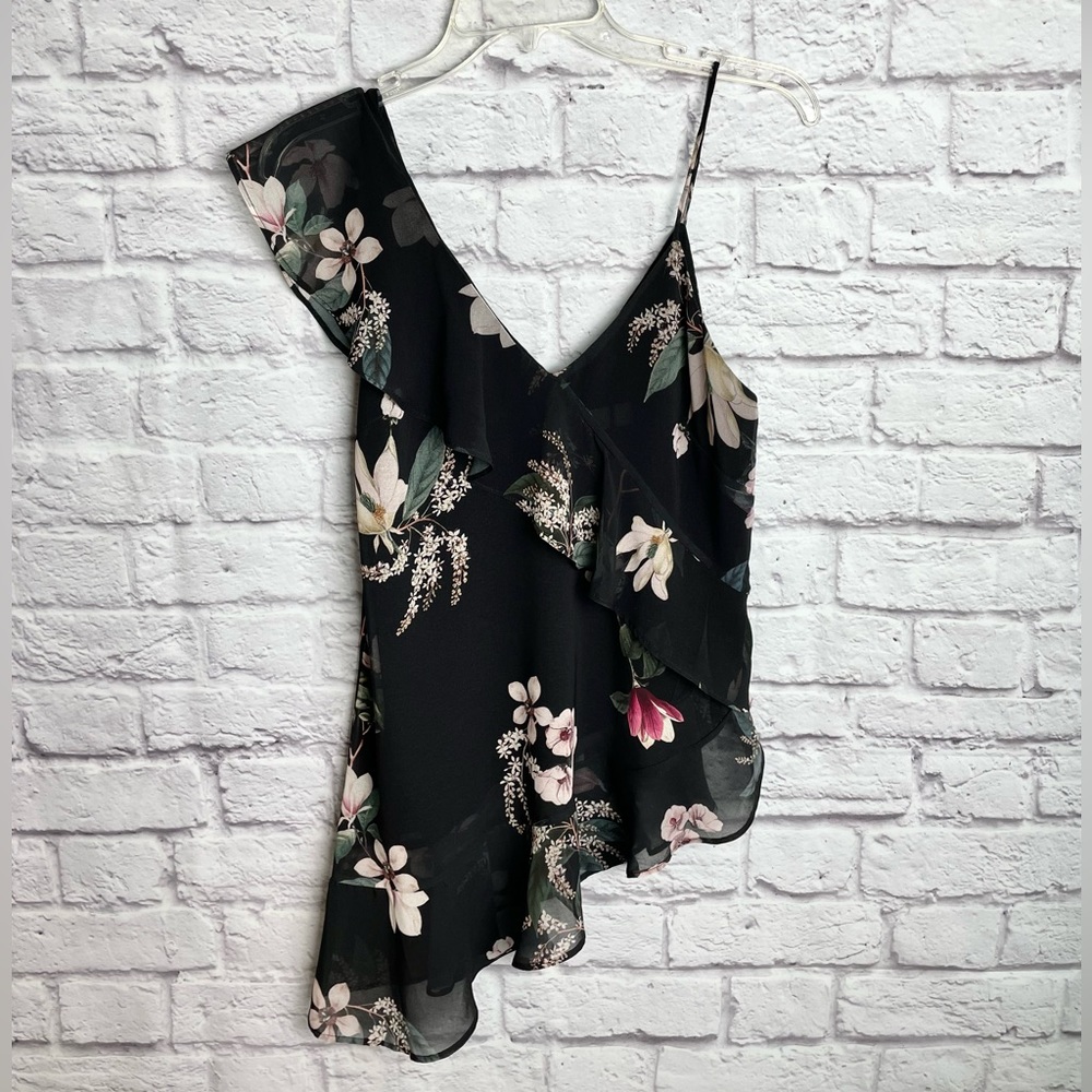 KEEPSAKE the Label Black Floral Asymmetric Ruffle Tank Top